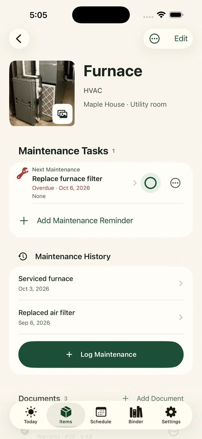 Approved Around The House iPhone furnace record, with a filter replacement task and maintenance history.
