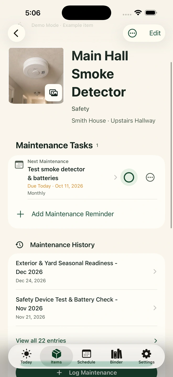 Approved Around The House iPhone Main Hall Smoke Detector record, with a monthly testing task and maintenance history.