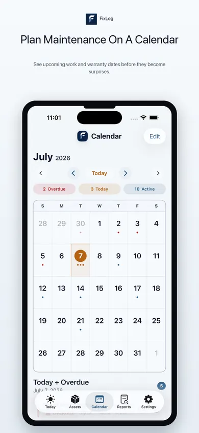 Around The House calendar screen showing maintenance reminders