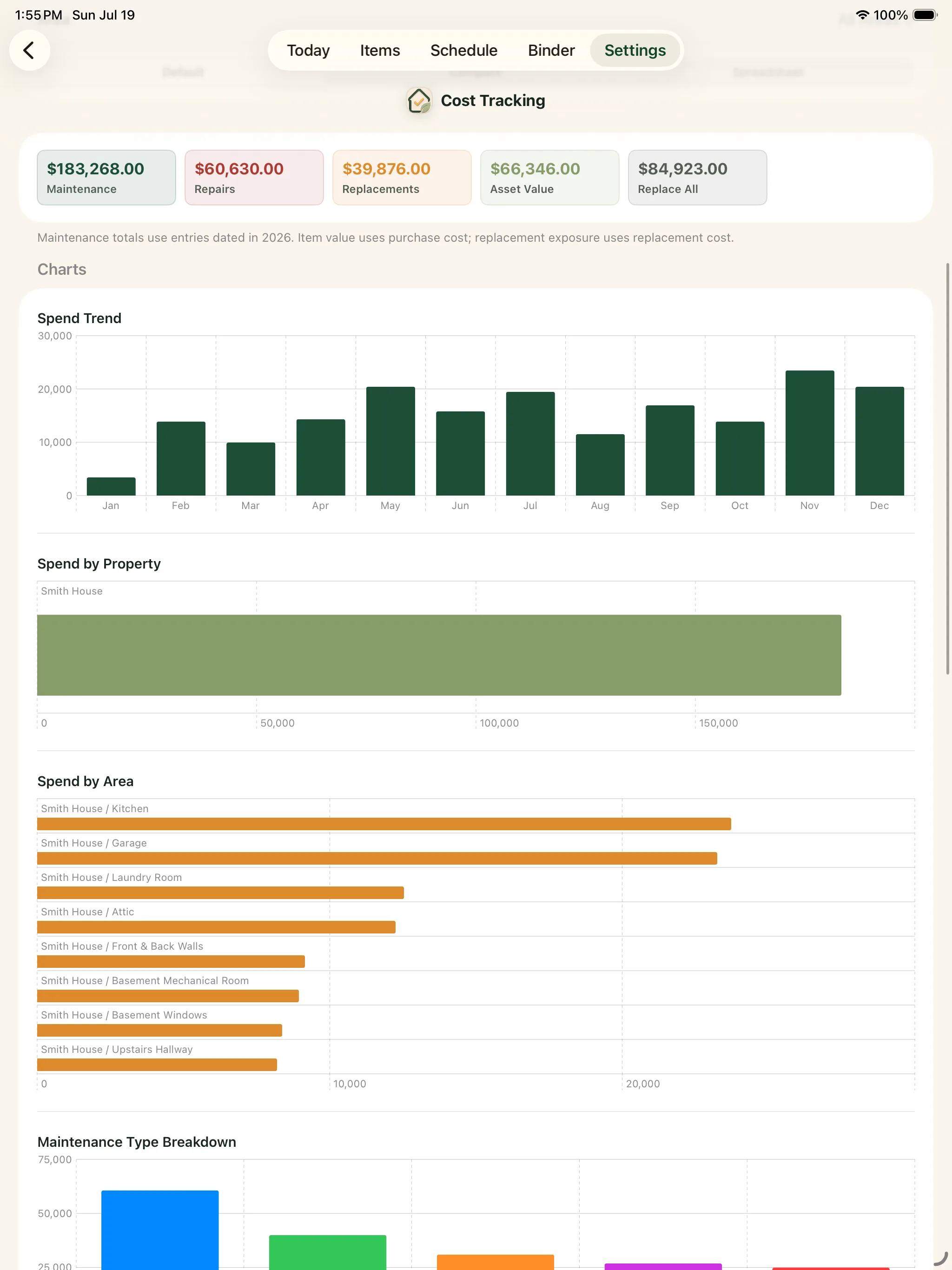 Detailed home cost analysis in the Around The House iPad app