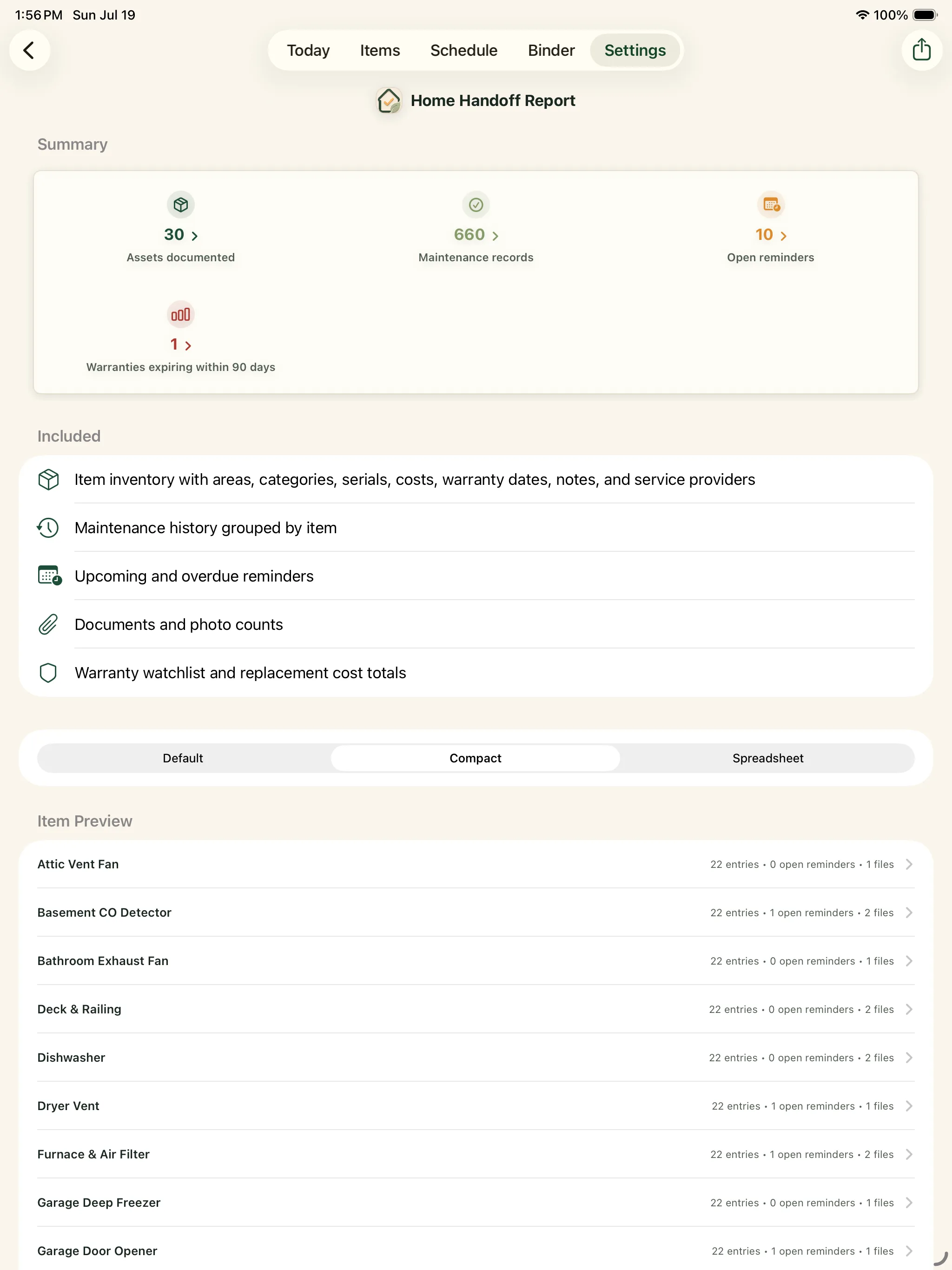 Detailed home handoff report in the Around The House iPad app