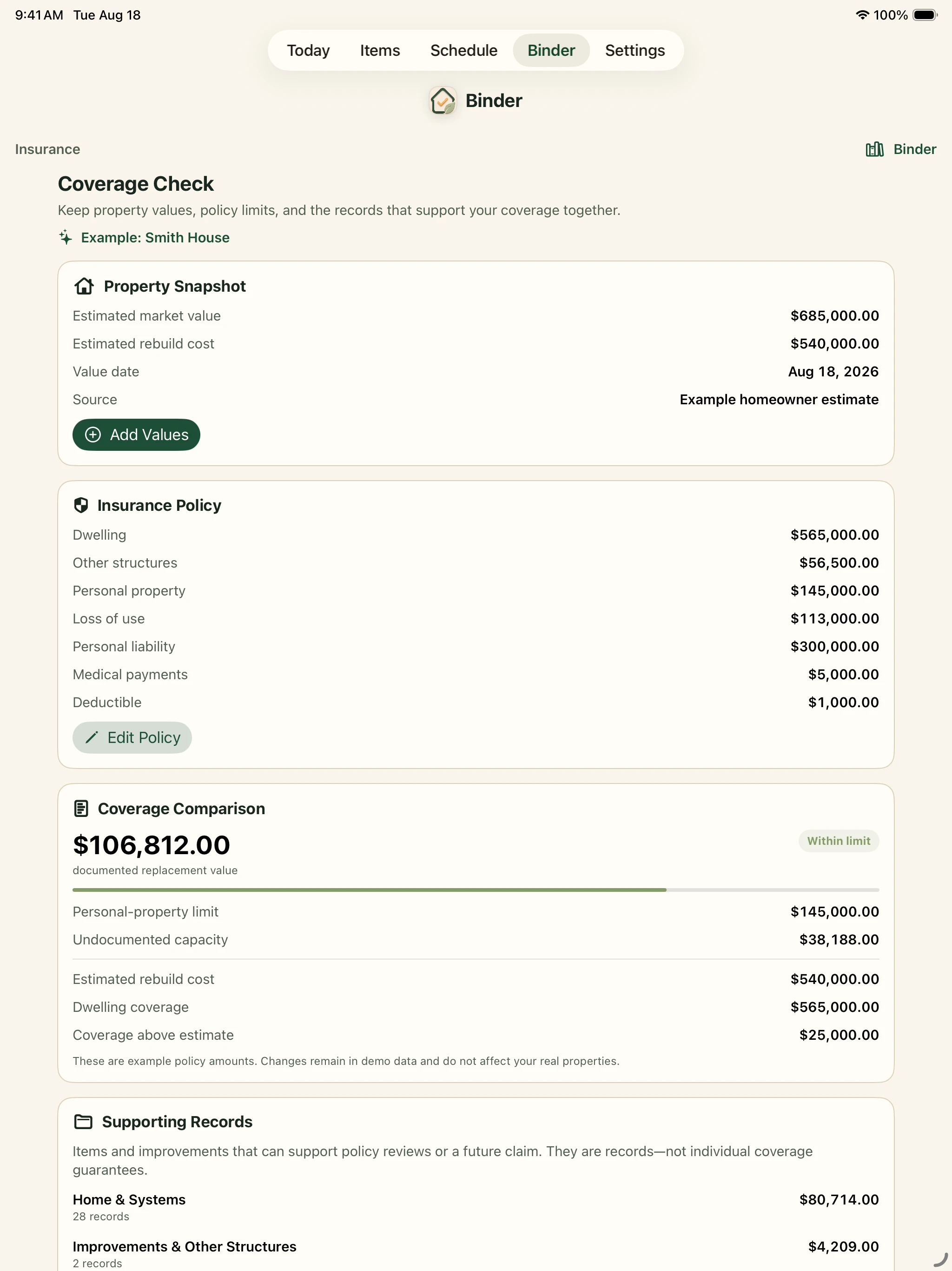 Insurance coverage overview in the Around The House iPad app