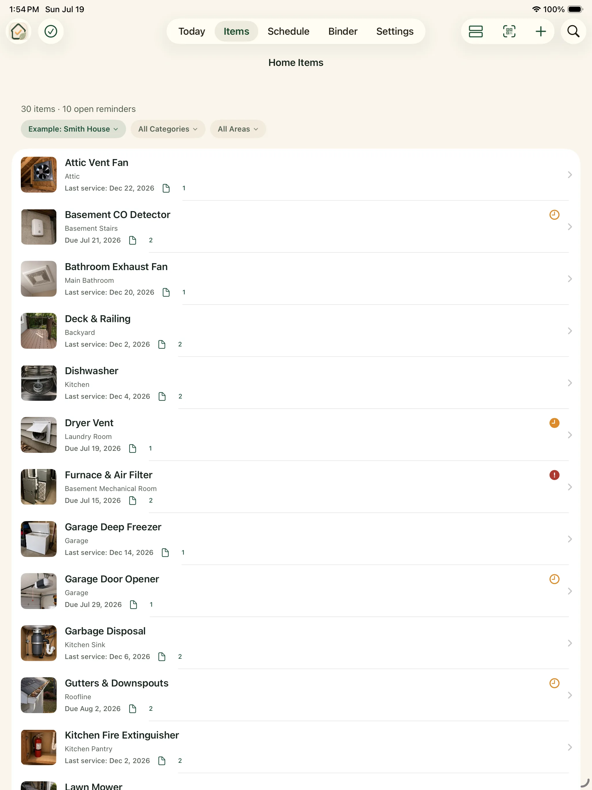 iPad item inventory in the Around The House iPad app