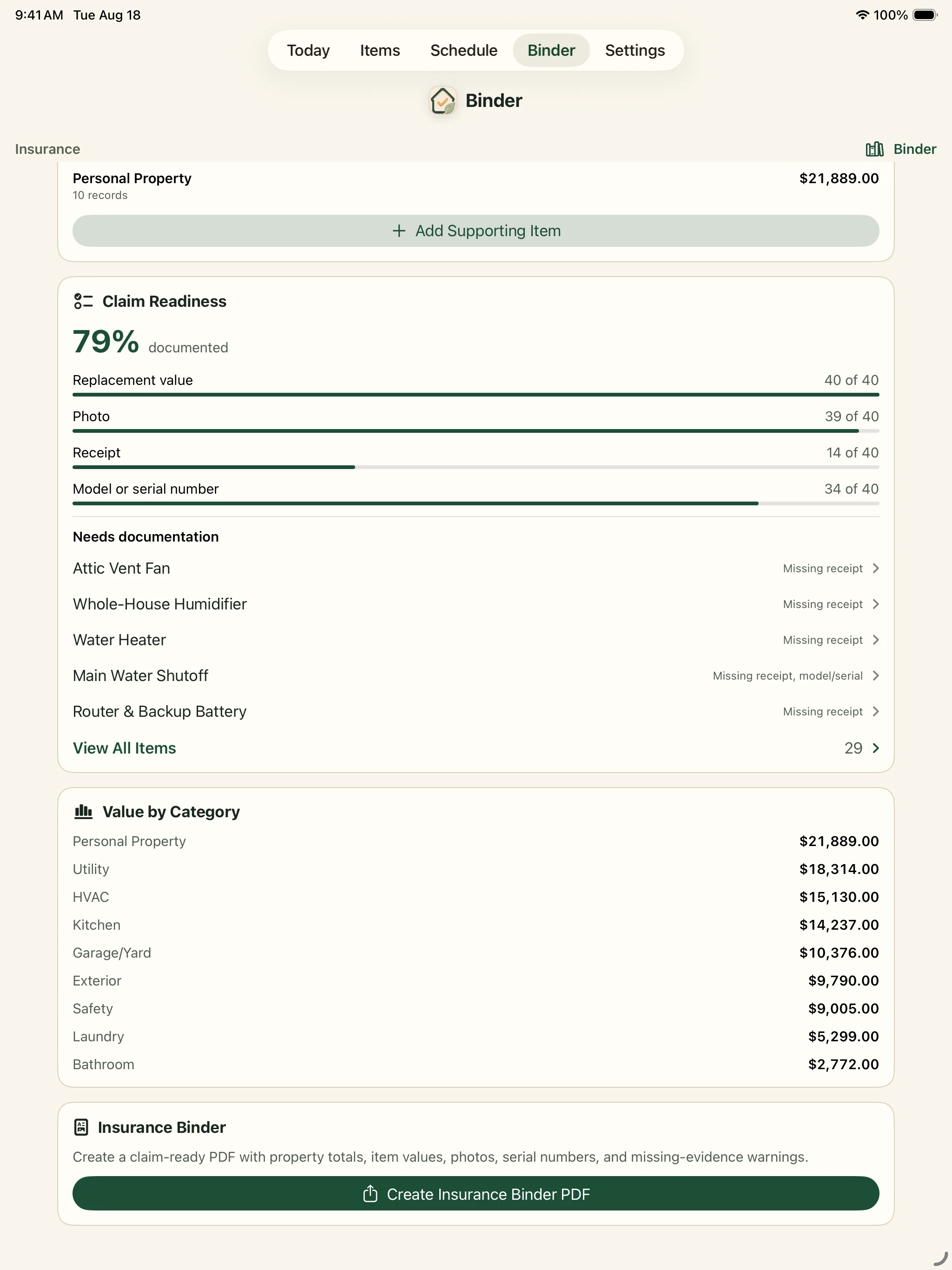 Personal property documentation check and claim readiness in the Around The House Binder
