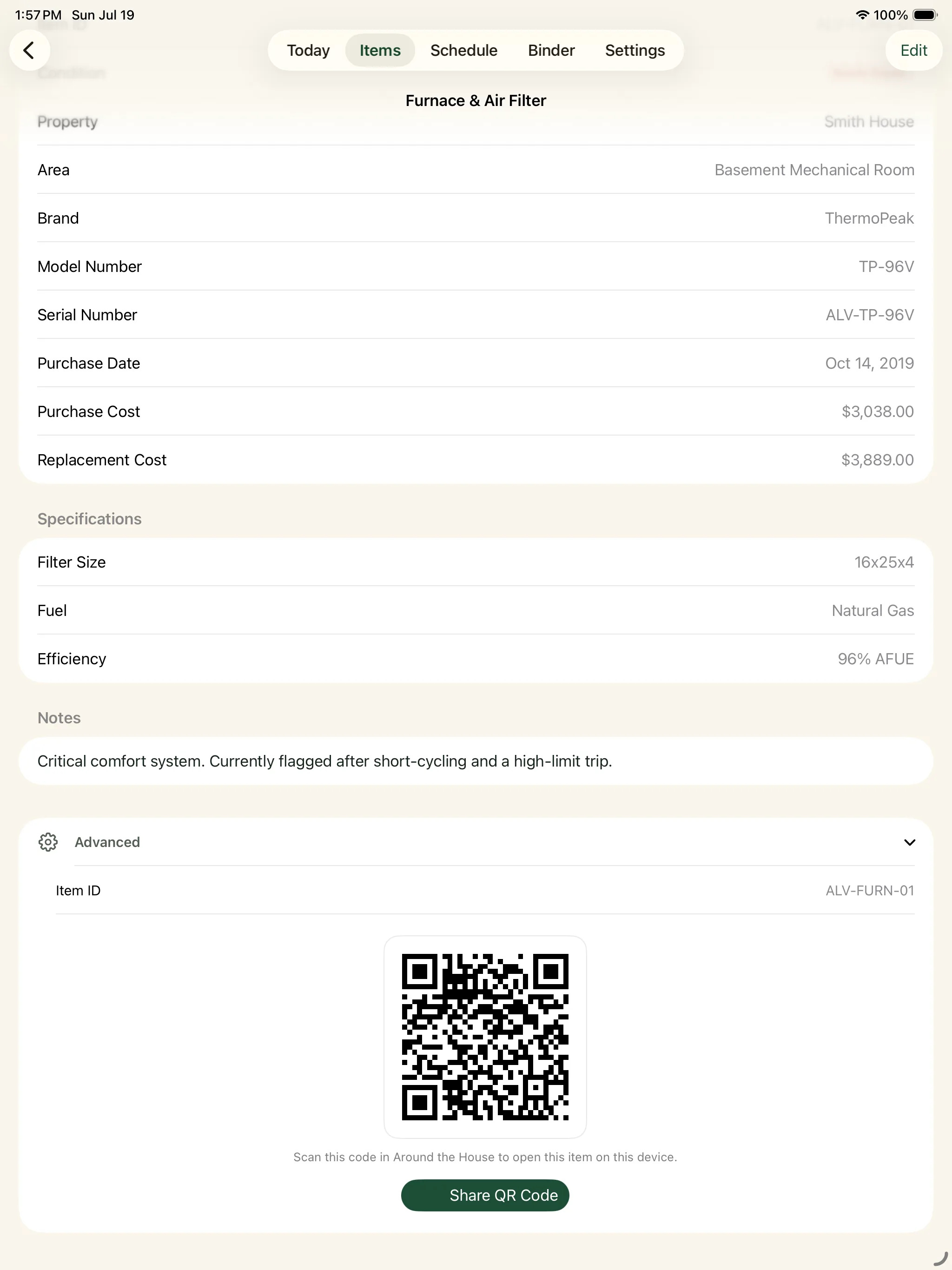 Specifications and QR labels in the Around The House iPad app