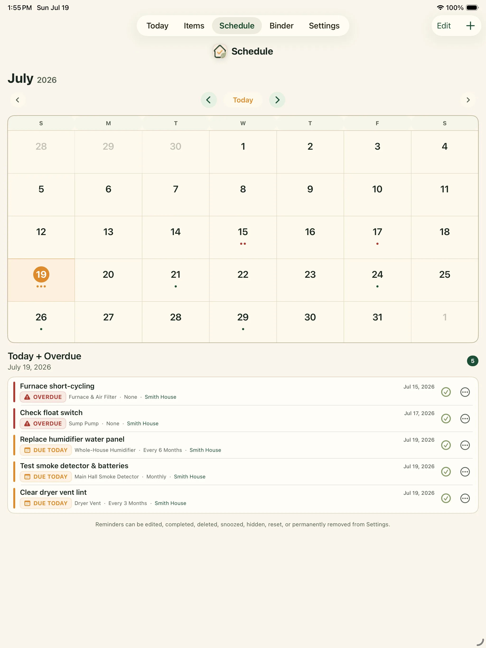 iPad maintenance calendar in the Around The House iPad app
