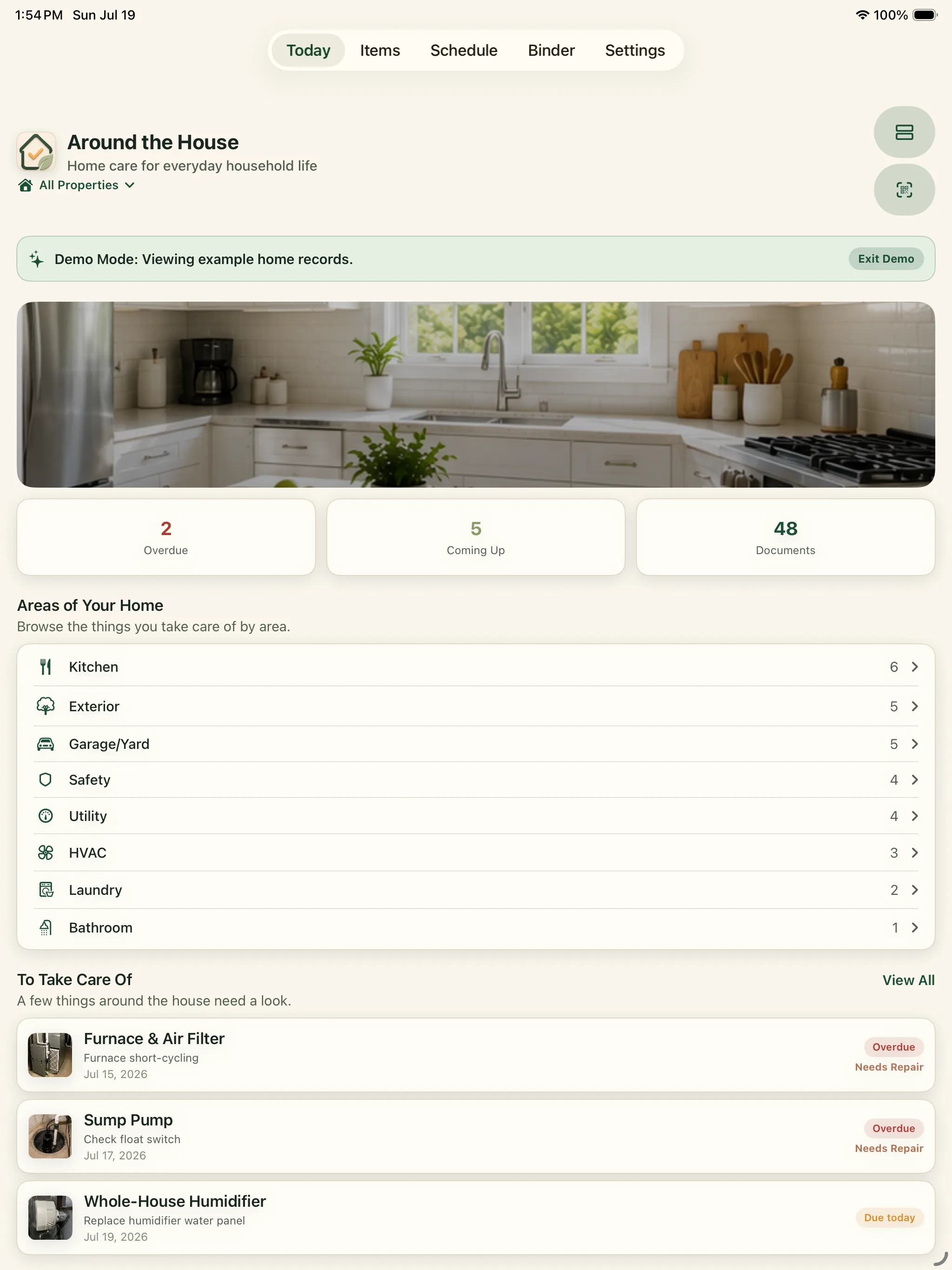 iPad home dashboard in the Around The House iPad app