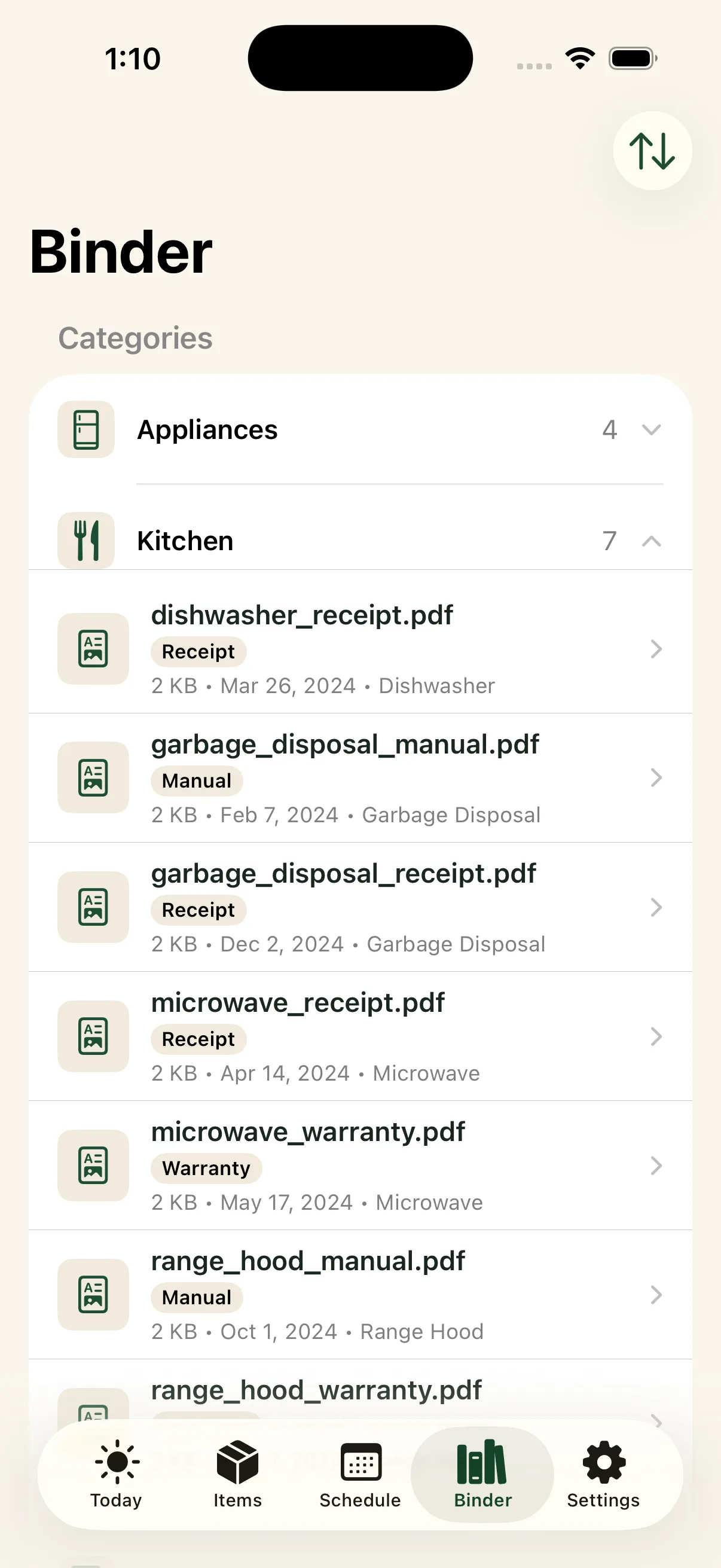 Home document binder in the Around The House iPhone app
