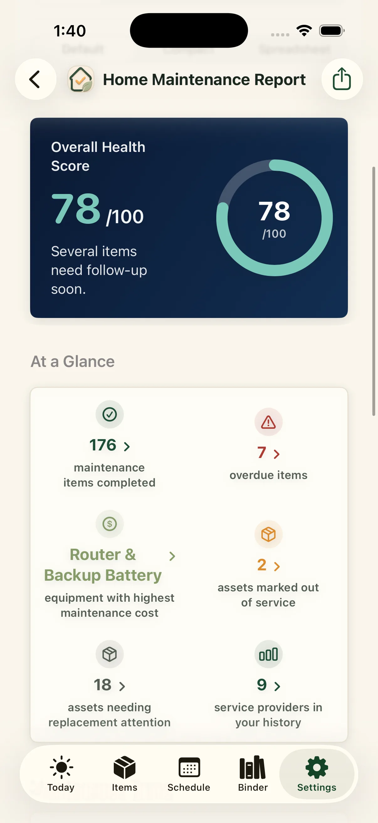 Home maintenance report in the Around The House iPhone app
