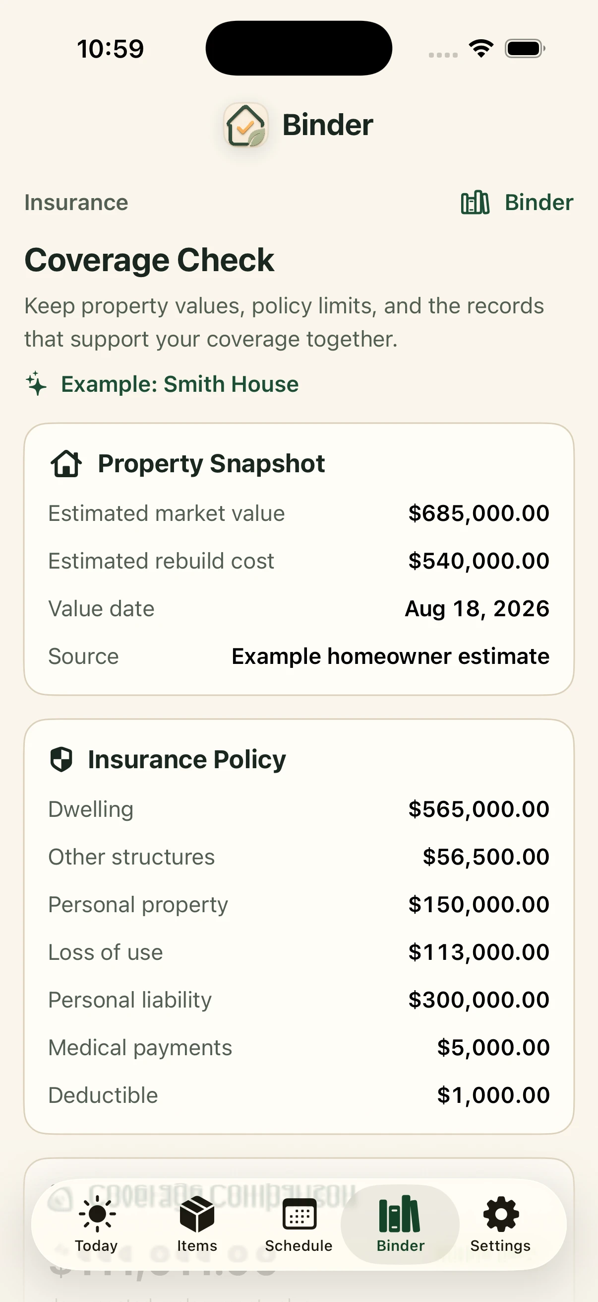 Insurance coverage overview in the Around The House iPhone app