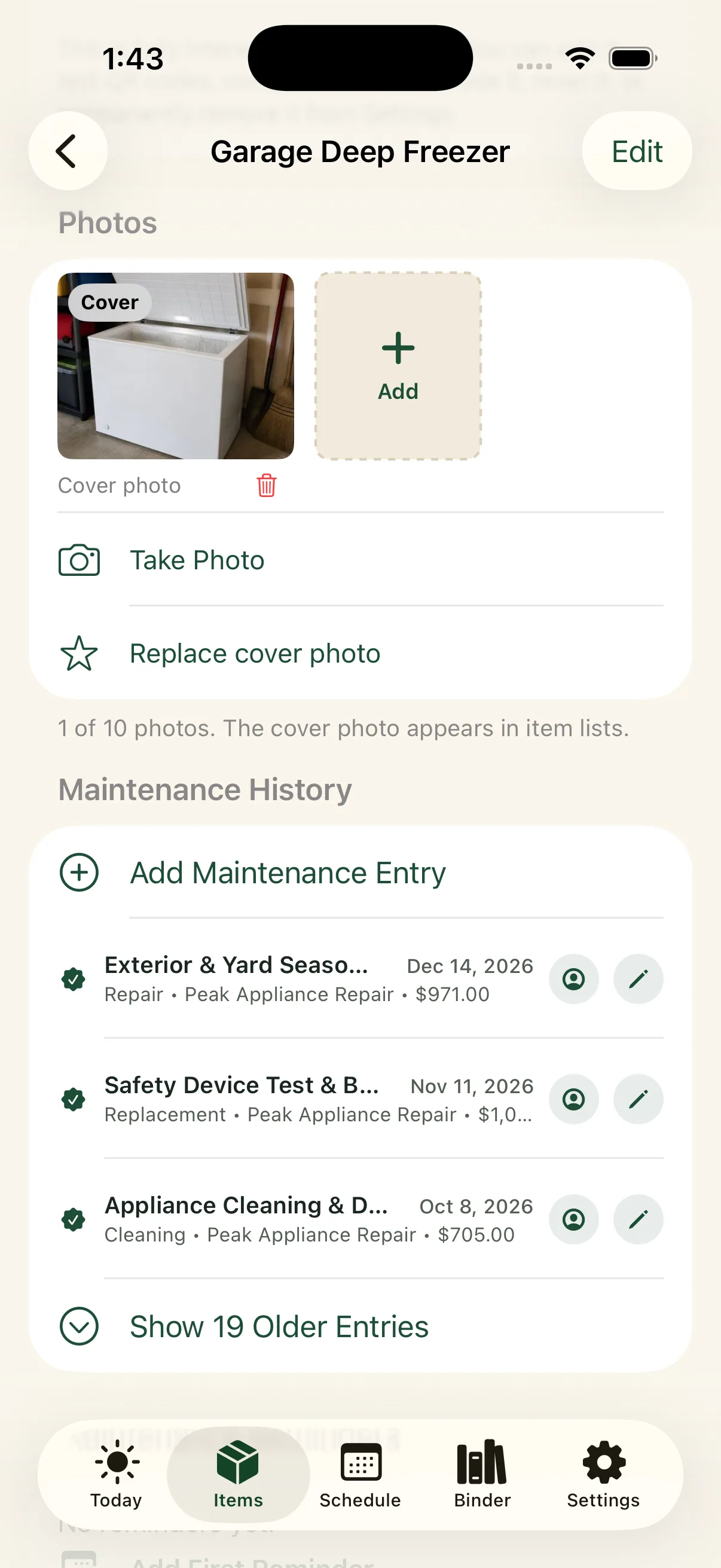 Item photos and service history in the Around The House iPhone app