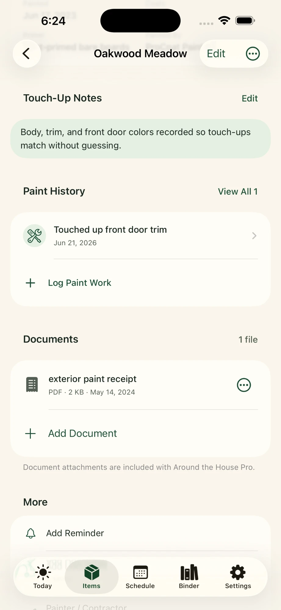 Paint touch-ups & receipts in the Around The House iPhone app