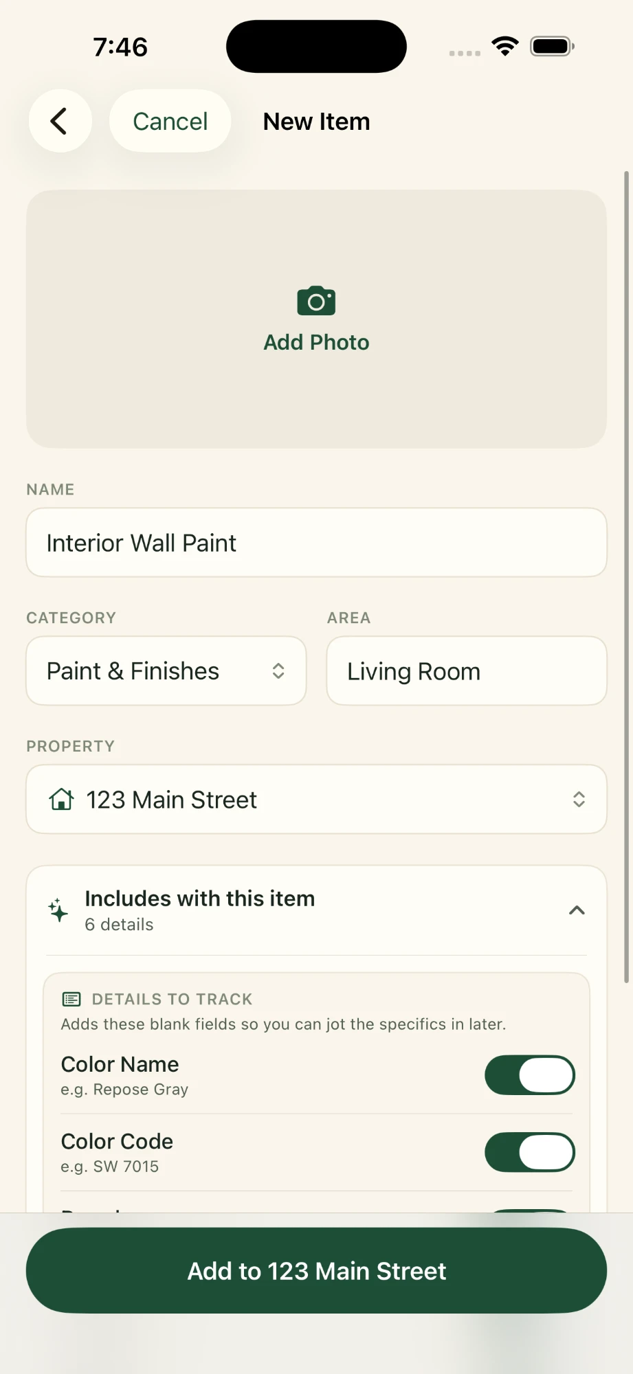 Top of the New Item form in Around The House on iPhone, showing an Add Photo area, the name Interior Wall Paint, category Paint & Finishes, area Living Room, property 123 Main Street, and the Includes with this item section listing 6 details.