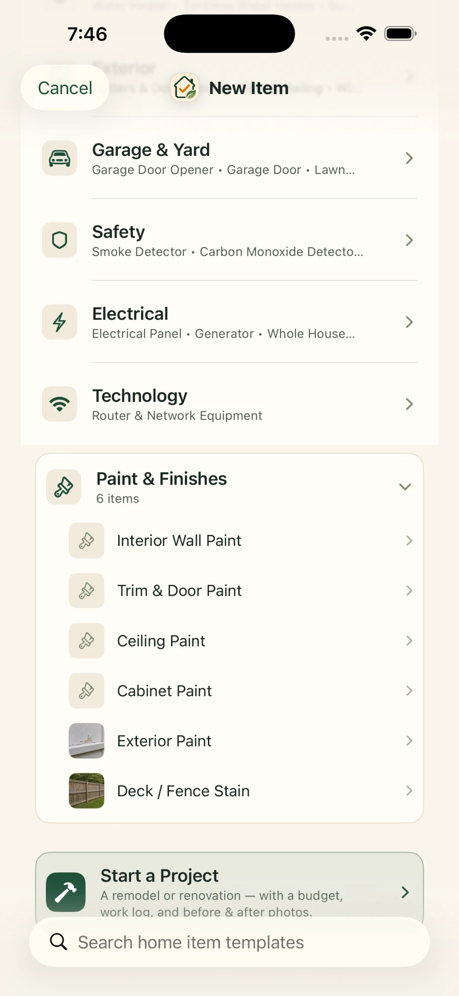 Around The House template picker on iPhone with the Paint & Finishes category open, listing Interior Wall Paint, Trim & Door Paint, Ceiling Paint, Cabinet Paint, Exterior Paint, and Deck / Fence Stain.