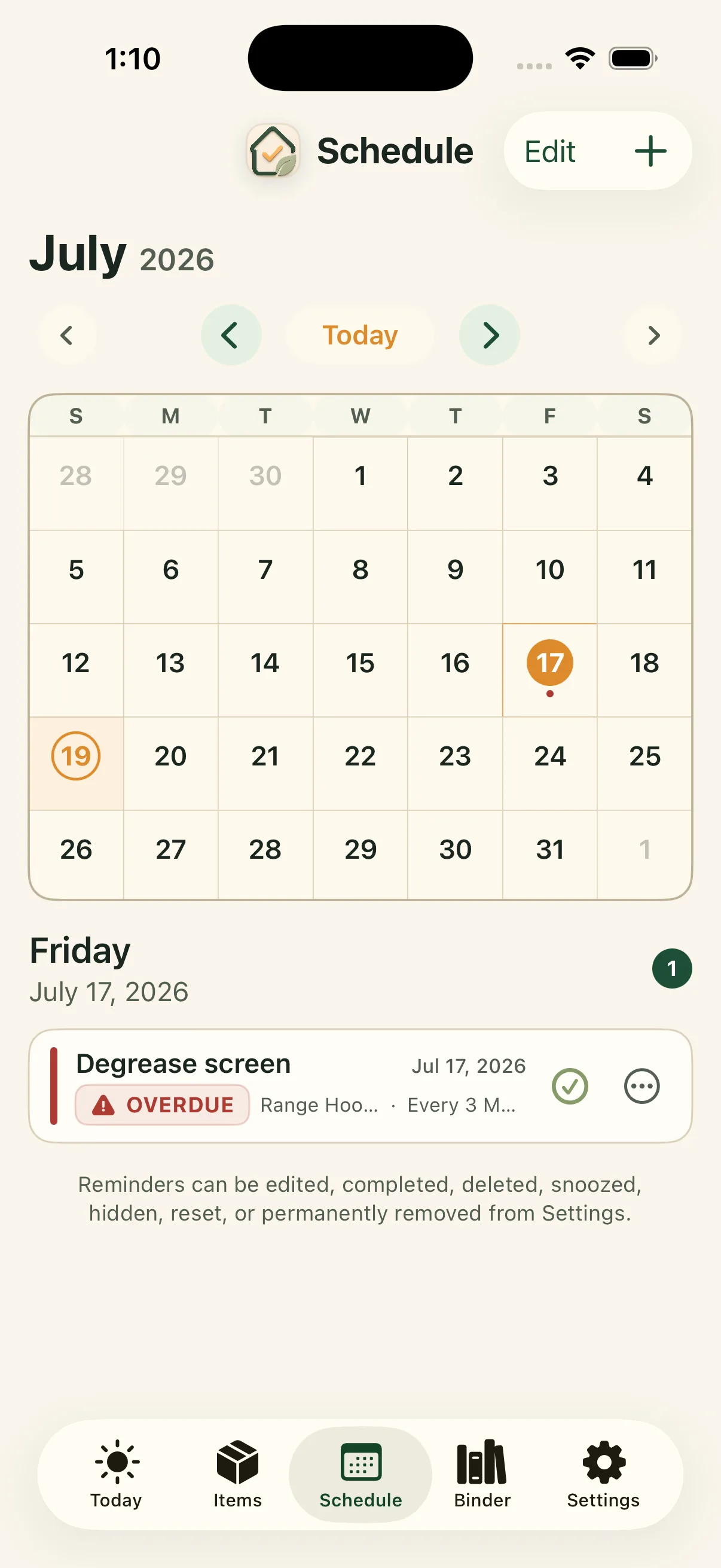 Maintenance schedule in the Around The House iPhone app