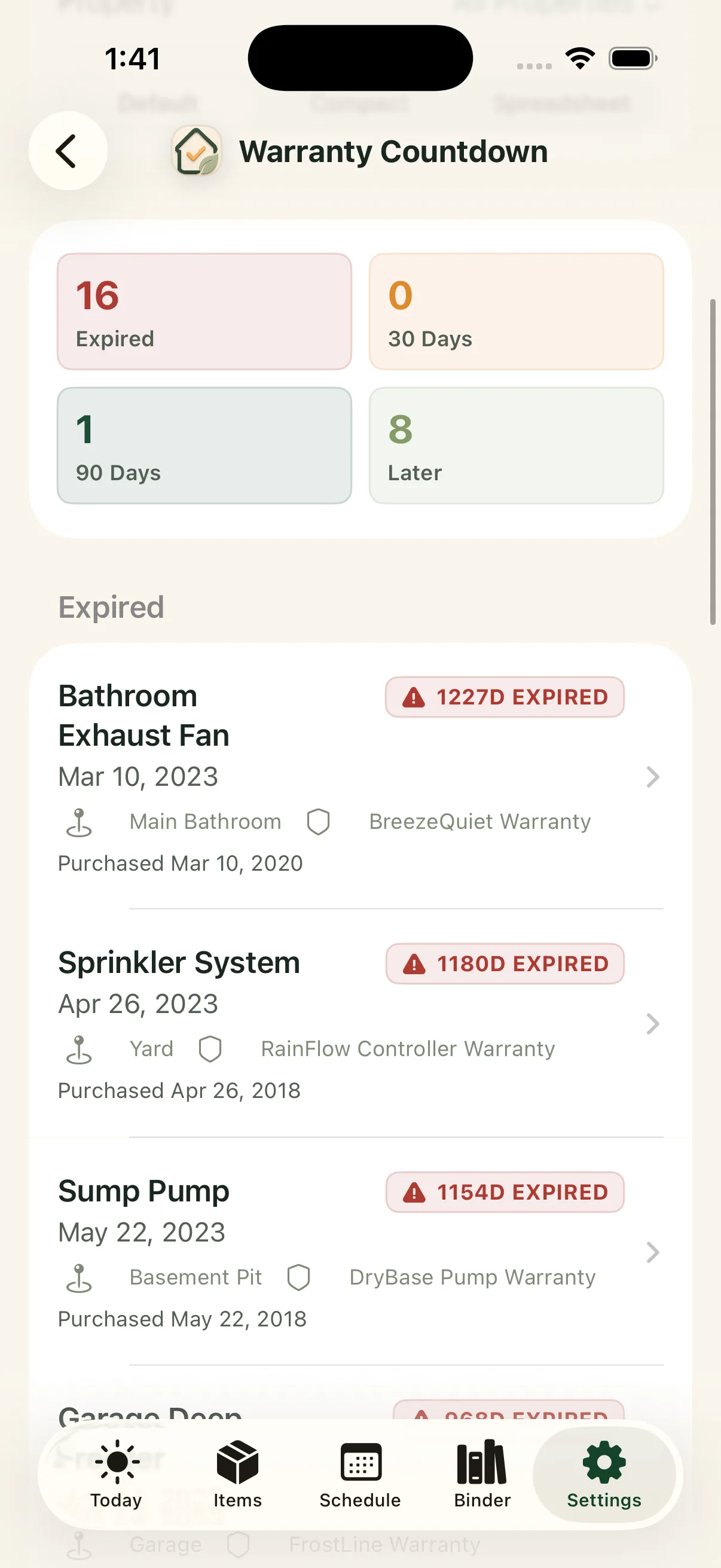 Warranty countdown in the Around The House iPhone app
